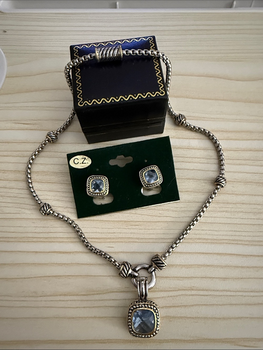 Silver-Tone Blue CZ Pendant Necklace and Stud Earrings Set